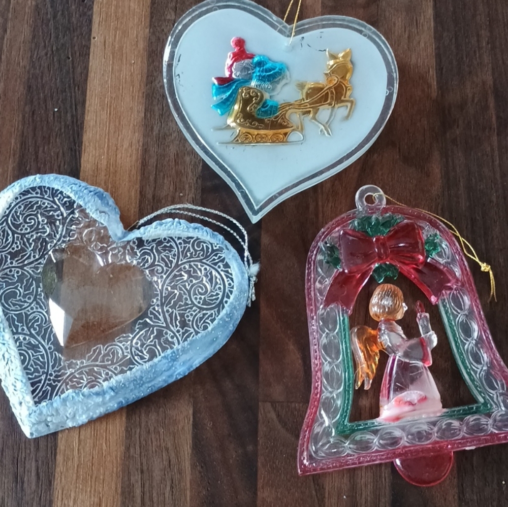 Vintage Set of 3 Plastic Christmas Holiday Ornaments Hearts Bell